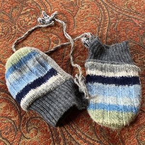 Etsy hand made recycled wool baby mittens blue gray green striped lined warm